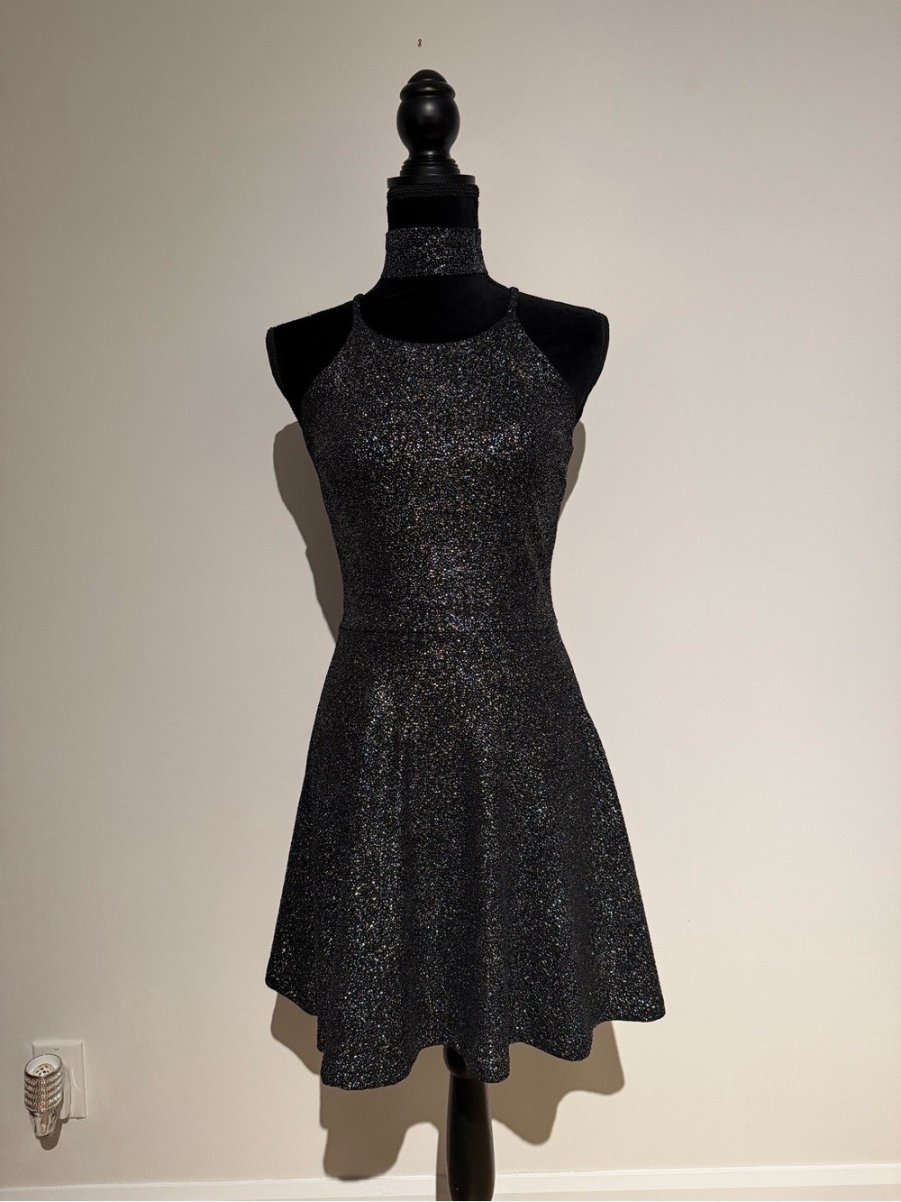 Design Lab Lord & Taylor Black Sparkle Halter Fit-and-Flare Mini Dress